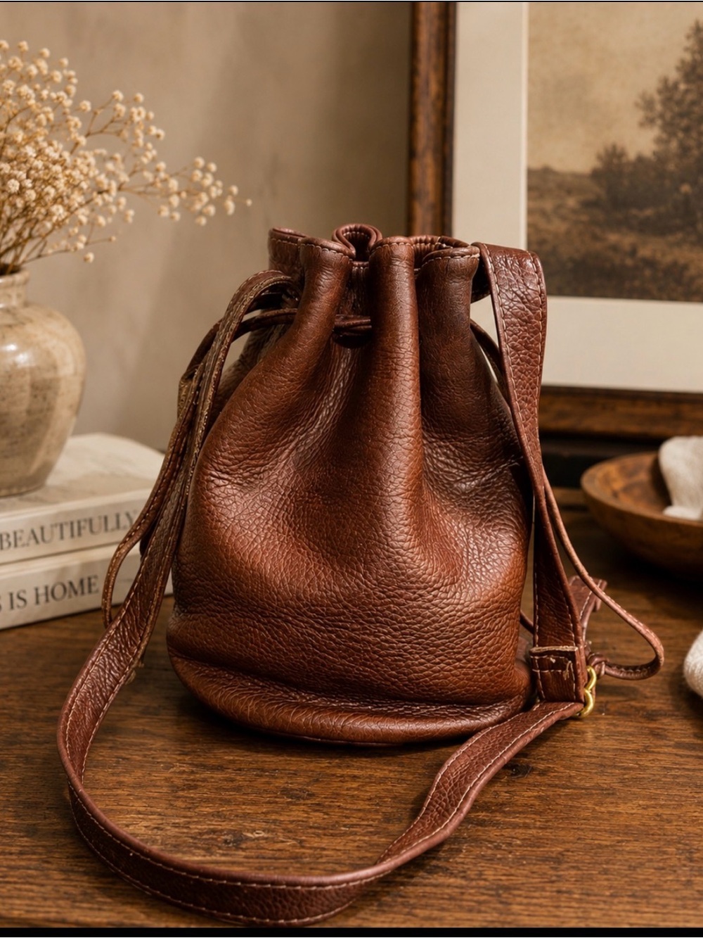 Coach Rich Brown Leather Crossbody drawstring bucket Bag vintage 4437